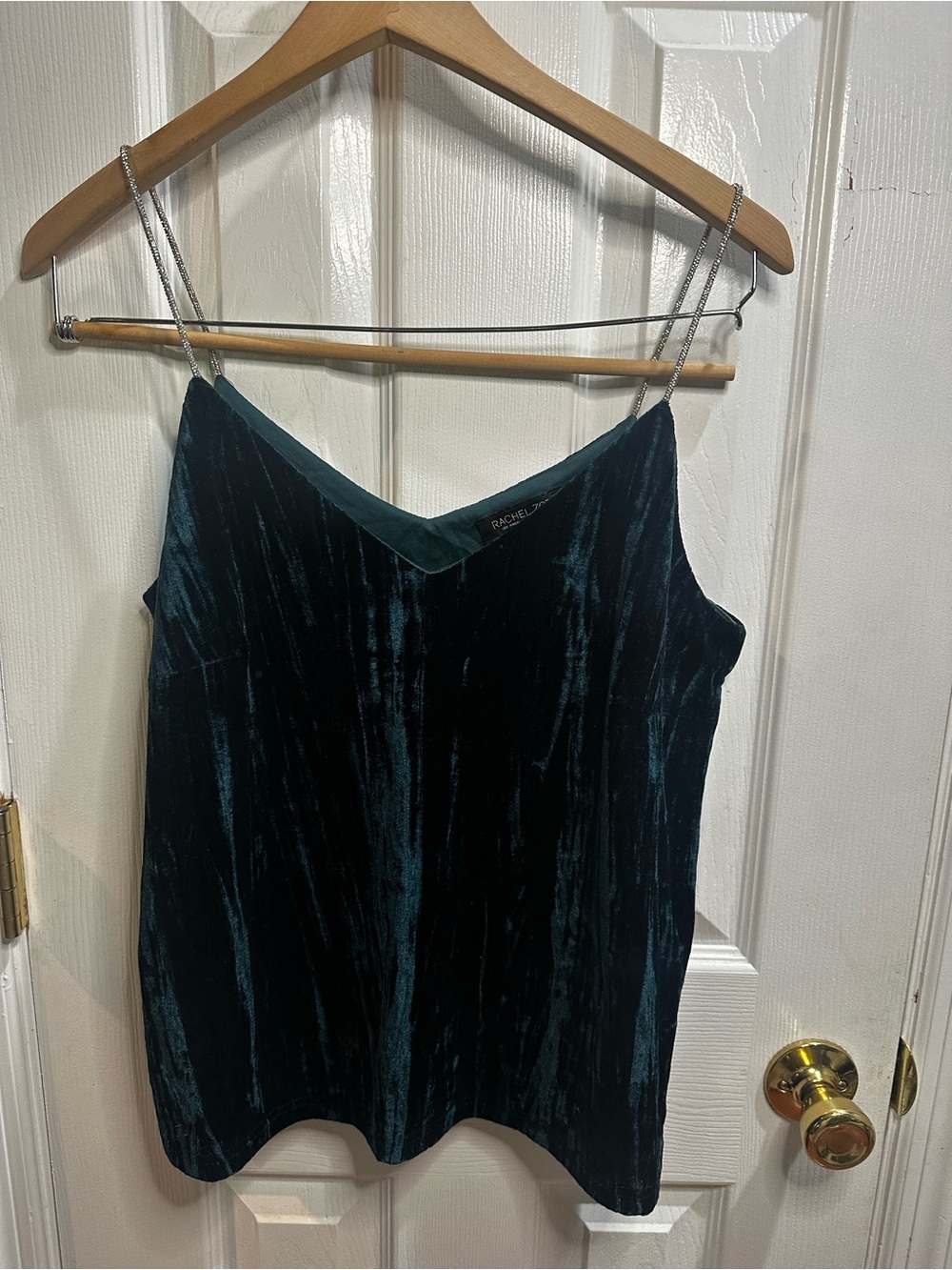 Rachel Zoe Velvet Dark Green Tank V-neck Rhinestone Staps Festive Party Small